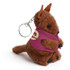 A brown kangaroo plush toy with a keychain attachment, wearing a purple cape. It features a branding logo.