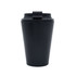 A black, recycled PP 350mL coffee mug with a lid and a sleek design, featuring a logo.