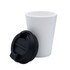 A white coffee mug made from recycled materials with a black lid and a smooth exterior. Includes a logo.