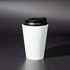A coffee mug made from recycled PP, featuring a white body and a black lid. It has a logo on the side.