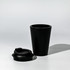 A black recycled PP 350mL coffee mug with a matching lid, featuring a simple design and a logo.