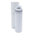 A drink bottle in white with a grey lid, presented in a matching cylindrical packaging. Features a logo.