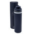 A drink bottle in navy blue with a grey accent, packaged in a matching cylindrical container. It features a logo.