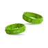 Two green silicone wristbands with raised dots, featuring one with a name printed on it and a logo.
