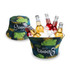 An ice bucket and matching hat featuring a tropical design, holding several bottles and ice.