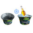 An insulated ice bucket in green and blue, featuring tropical leaf patterns, holding a drink bottle surrounded by ice.