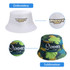 A white bucket hat with embroidery and a tropical print bucket hat with sublimation, both featuring logos.