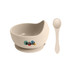 A beige silicone kids suction bowl with a matching spoon and a logo on the side.