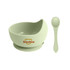 A pale green silicone kids suction bowl with a matching spoon, featuring a logo.