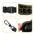 A black waist tool bag with multiple pockets, a buckle closure, and a secure clip. Features yellow stitching.