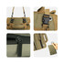 A green and tan roll up tool bag with adjustable straps, clips, zippers, and a pocket for tools. It features branding.