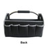 A black tool carrier bag with multiple pockets and a metal handle. The back view displays its organisational features.