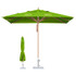 A green square outdoor umbrella with a wooden pole and a base, displayed alongside its folded version.