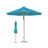 A wind-resistant octagon outdoor umbrella in turquoise with a wooden frame and a matching folded cover beside it.