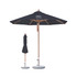 A black octagonal outdoor umbrella with a wooden pole, featuring a logo, alongside a folded umbrella.