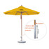 A yellow, wind-resistant octagon outdoor umbrella with a silver pole and a circular base. Features a logo.