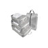 A set of grey travel packing cubes in various sizes, with a matching grey storage bag, featuring mesh panels and handles.