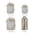 Four travel packing cubes in various sizes and shapes, featuring a beige colour and mesh panels. Each has a logo.