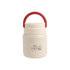 A stainless steel vacuum insulated food jar in cream with a red handle, featuring a logo on the front.