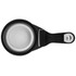 A collapsible silicone pet food scoop in black, featuring a metallic measuring cup and a handle with a loop for easy storage.