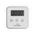 A digital kitchen timer in white and grey with a large display and three buttons for minute, second, and start/stop functions.
