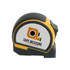 A tape measure with a black and yellow casing, featuring a logo and a grey front.