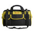 A black and yellow tool bag featuring multiple pockets and a detachable shoulder strap. It has a branding logo. A black and yellow tool bag featuring multiple pockets and a detachable shoulder strap. It has a branding logo.