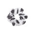 A white hair scrunchie with a black design and logo pattern throughout.
