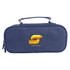 A navy pencil case with compartments and a handle, featuring a logo and a durable design.