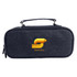 A navy pencil case with compartments and a handle, featuring a logo on the front.