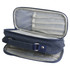 A navy pencil case with compartments and a handle, featuring a zip closure and mesh pockets inside.