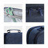 A pencil case in dark blue fabric featuring multiple compartments, a handle, and green scissors inside.