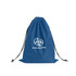 A blue laundry bag with a drawstring closure and a logo featuring a house and greenery.