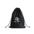 A black laundry bag featuring a drawstring closure and a logo on the front.
