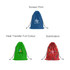 Three drawstring laundry bags in blue, green, and red designs, each featuring a logo.