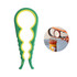 A green and yellow multi-purpose jar opener with a grip handle, designed for various jar sizes, shown alongside a person using it.