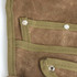 A brown garden tool waist pouch featuring multiple pockets and reinforced edges with green straps.