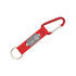 A red carabiner keyring with a metal attachment and a circular keyring. It features a logo on the metal plate. A red carabiner keyring with a metal attachment and a circular keyring. It features a logo on the metal plate.