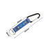 A blue carabiner keyring with a metal clip and a circular keyring, featuring a logo on the strap. A blue carabiner keyring with a metal clip and a circular keyring, featuring a logo on the strap.
