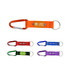 A selection of carabiner keyrings in orange, red, green, blue, and purple, featuring a logo on each.