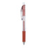 A colourful gel ink pen with a transparent barrel, featuring a red grip and retractable design. It has a logo on the barrel.