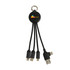 A round-shaped, black multi charging cable with multiple connectors and a keyring attachment. It features a logo. A round-shaped, black multi charging cable with multiple connectors and a keyring attachment. It features a logo.
