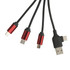 A round-shaped multi charging cable featuring three connectors with red metallic accents on a black cord. A round-shaped multi charging cable featuring three connectors with red metallic accents on a black cord.