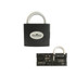 A padlock-shaped toolkit in black and silver, featuring various tools and a logo on the front.