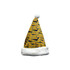 A vibrant yellow Santa hat featuring repeated text and a white fluffy trim, showcasing a playful design.