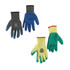 Latex dipped gloves in grey with blue fingertips and yellow with green palms. Each pair features a logo.