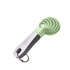 A set of stainless steel measuring spoons in green, featuring a metal ring for easy storage.