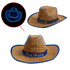 A light-up straw hat in brown, featuring a blue trim and a decorative band. Includes a logo on the band.