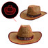 A light-up straw hat with a woven design, featuring a red LED trim and a dark brown band with branding.