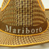 A light brown straw hat with orange accents and a fabric band featuring a logo.